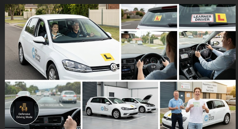 Learners training with My Driving School: on the road with an instructor, learner plates, dashboard controls, the fleet, and a student holding her pass certificate