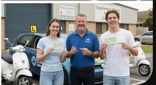 Two students holding their licence test pass certificates with their instructor