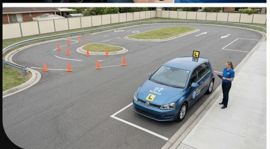 Aerial view of the private cone practice track used for parking and manoeuvring drills