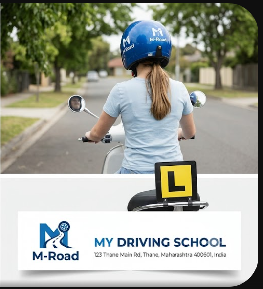 Student riding a training scooter with a learner plate fitted