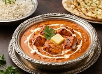 Butter chicken with rice and naan