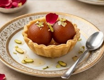 Gulab Jamun Tart with rose petal and pistachio