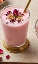 Rose lassi topped with pistachio and rose petals