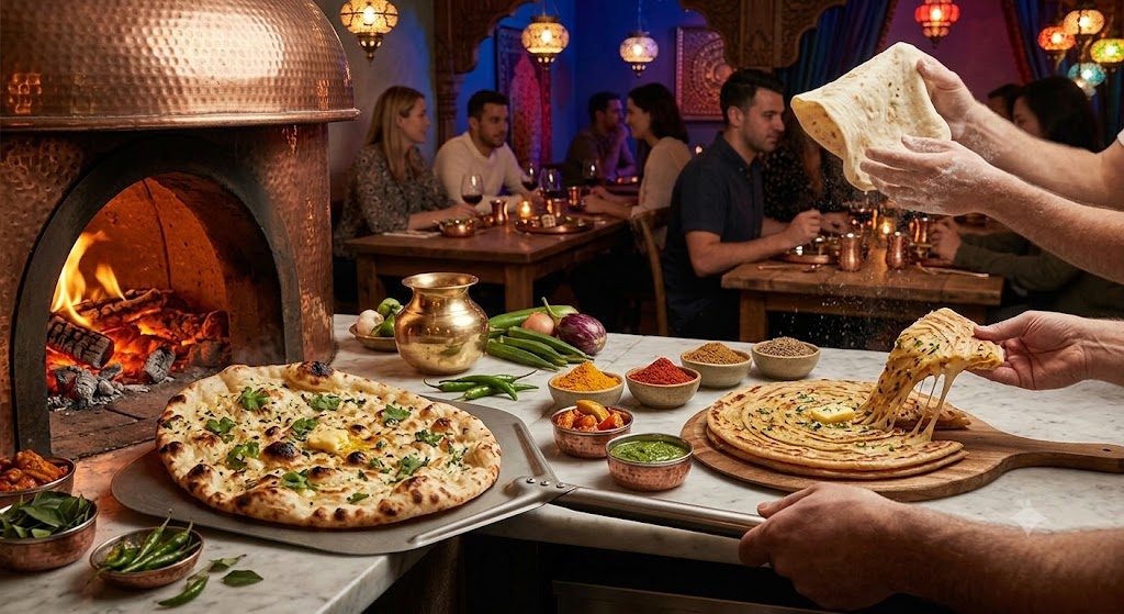 Chefs preparing fresh naan and cheese kulcha beside a glowing copper tandoor oven, with guests dining in the candlelit lounge behind