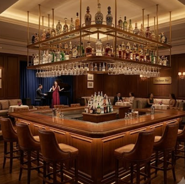 The intimate bar with a hanging bottle display and live piano