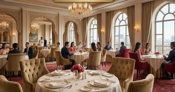 Elegant dining room with chandeliers and arched windows