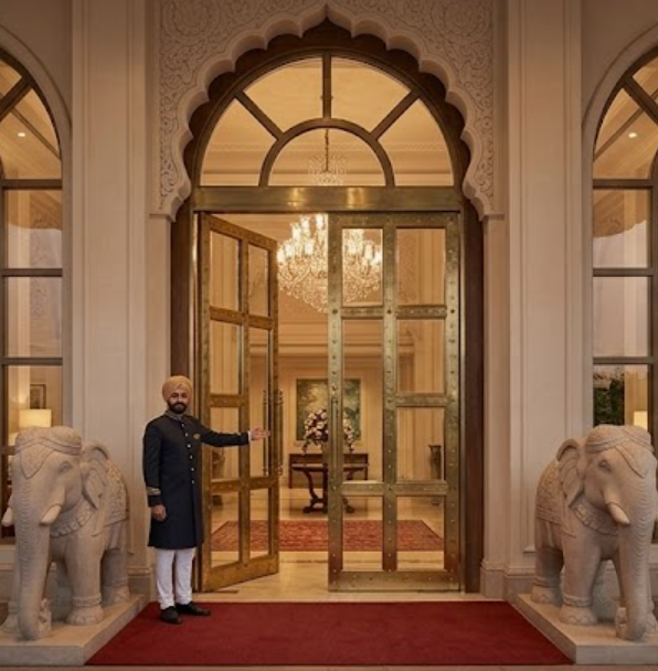Grand entrance with brass doors and stone elephant statues