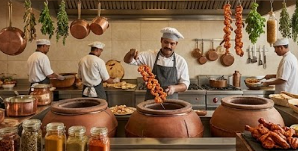 Open tandoori kitchen corner with chefs cooking over clay ovens