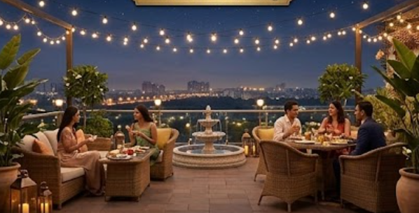 String-lit terrace seating with a city skyline view