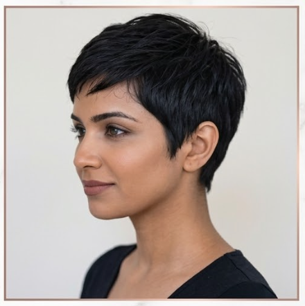 Short pixie haircut on dark hair