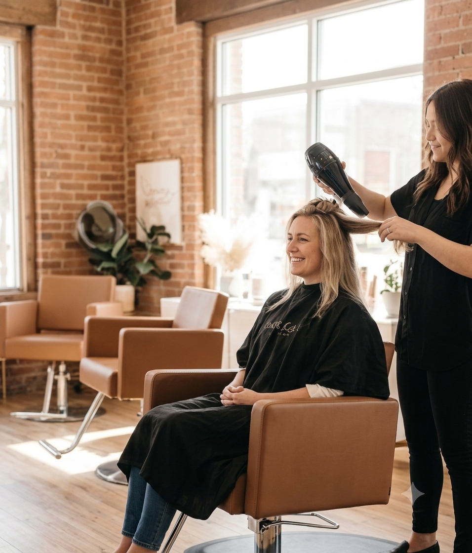 Stylist blow-drying a client's hair at Aurora Hair Studio