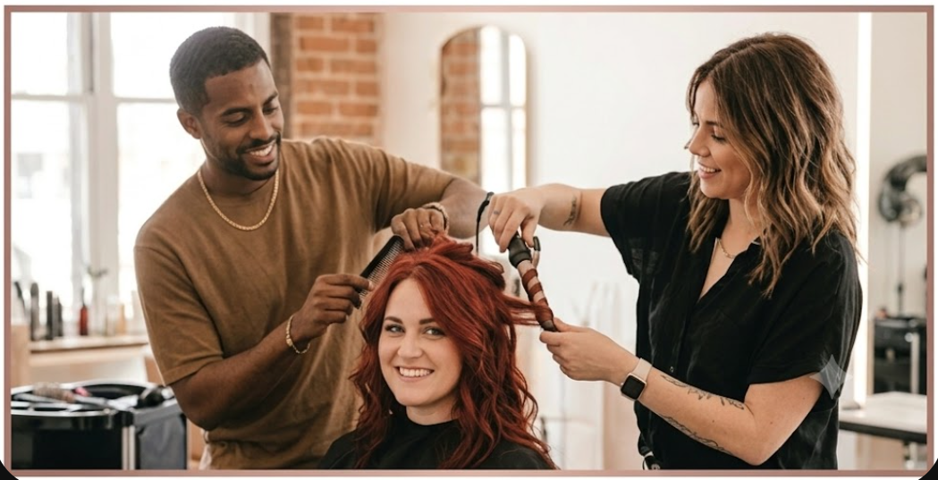 Stylists styling a client's hair for an event